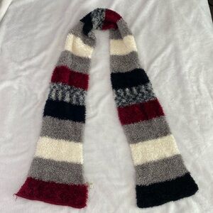 Black, cream, grey, and burgundy fuzzy scarf